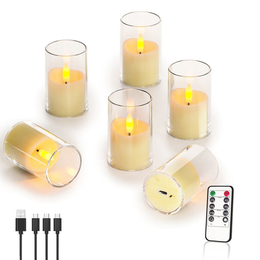 Rechargeable Acrylic Flameless LED Tea Lights with Timer, Flickering Warm Glow Votive Candles, Remote Battery Operated Set for Game Day Decorations, Holiday & Daily Table Decor (Set of 6, Amber)