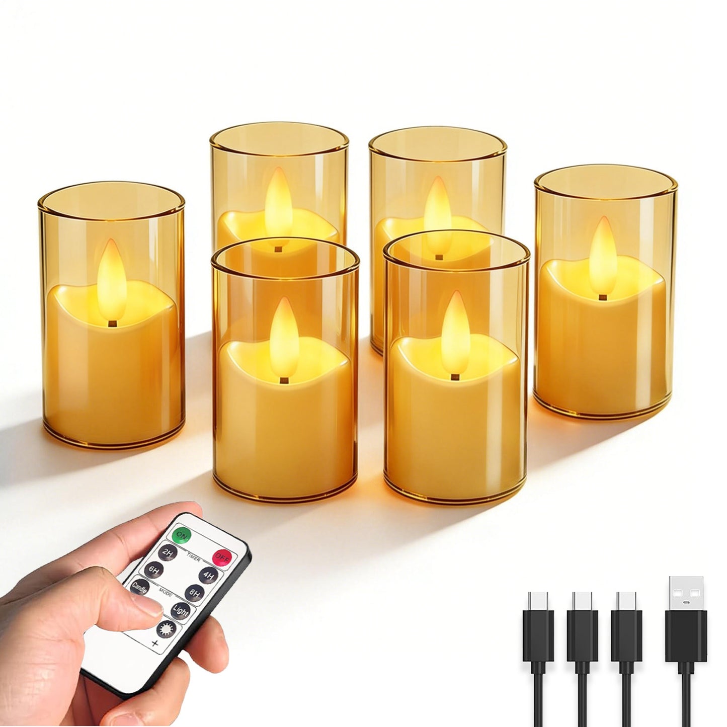 Rechargeable Acrylic Flameless LED Tea Lights with Timer, Flickering Warm Glow Votive Candles, Remote Battery Operated Set for Game Day Decorations, Holiday & Daily Table Decor (Set of 6, Amber)