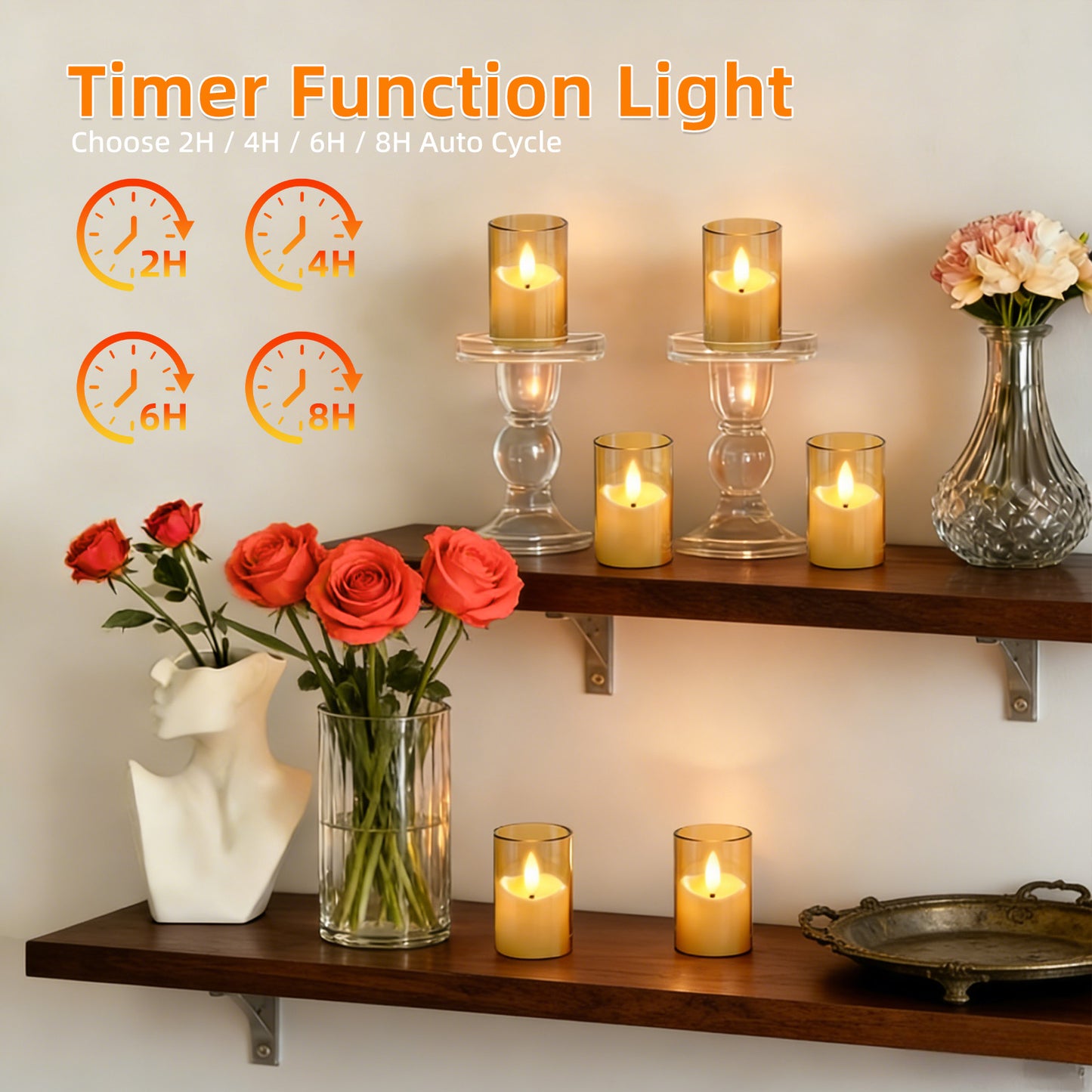 Rechargeable Acrylic Flameless LED Tea Lights with Timer, Flickering Warm Glow Votive Candles, Remote Battery Operated Set for Game Day Decorations, Holiday & Daily Table Decor (Set of 6, Amber)