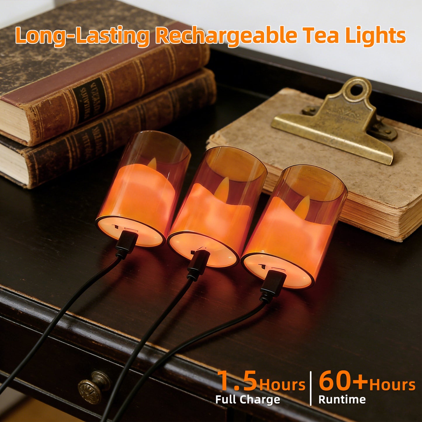 Rechargeable Acrylic Flameless LED Tea Lights with Timer, Flickering Warm Glow Votive Candles, Remote Battery Operated Set for Game Day Decorations, Holiday & Daily Table Decor (Set of 6, Amber)