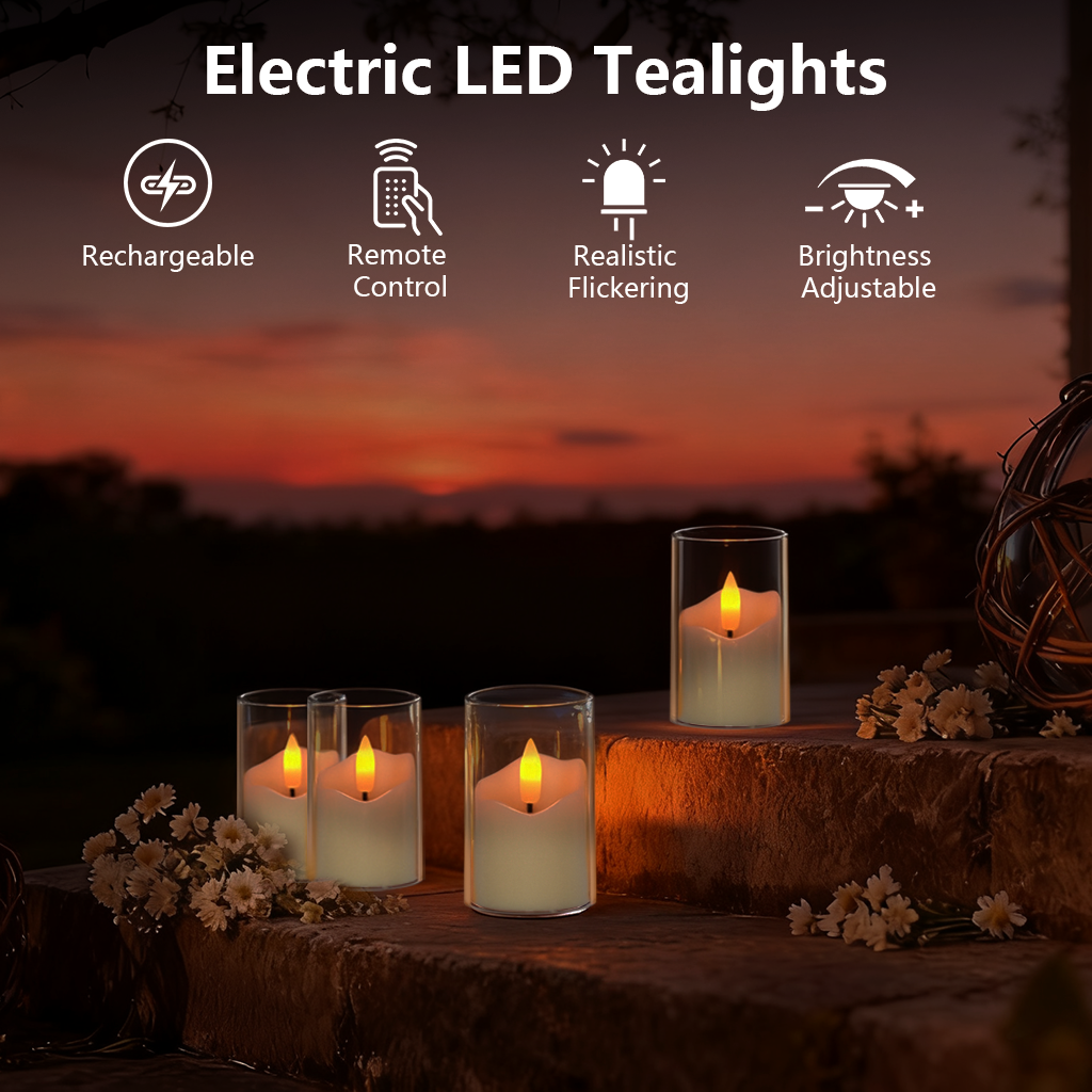 Rechargeable Operated Acrylic LED Tealight with Remote Control and Timer,Amber Flickering Flameless Candles for Home Decor, Valentines, Holidays (Set of 6